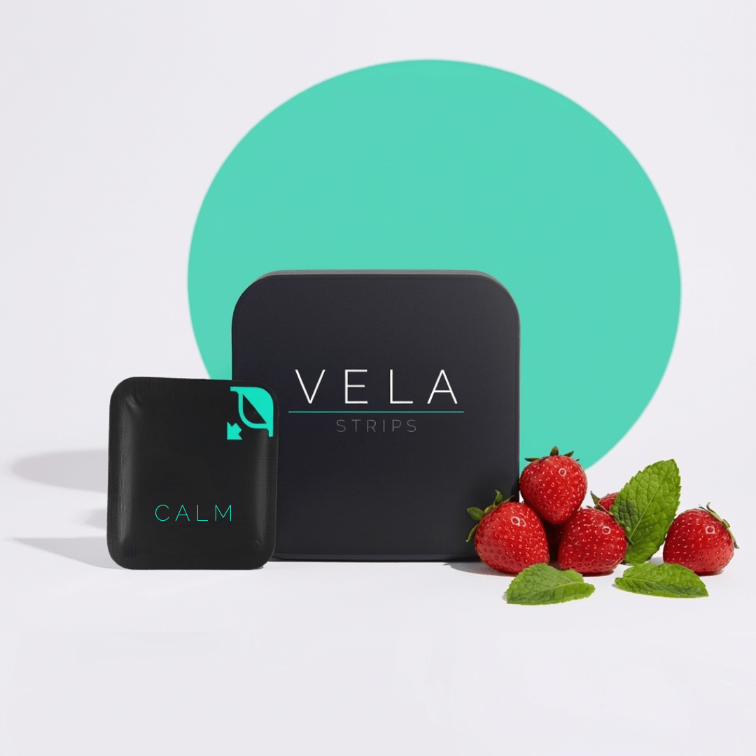 VELA Calm Strips tin with strawberry mint ingredients on teal background — stress relief oral strips