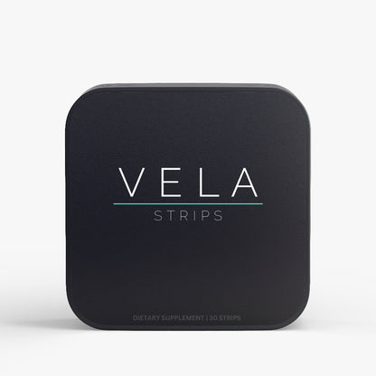 VELA Calm Strips black tin with teal accent — L-Theanine GABA oral dissolving strips for stress relief and focus