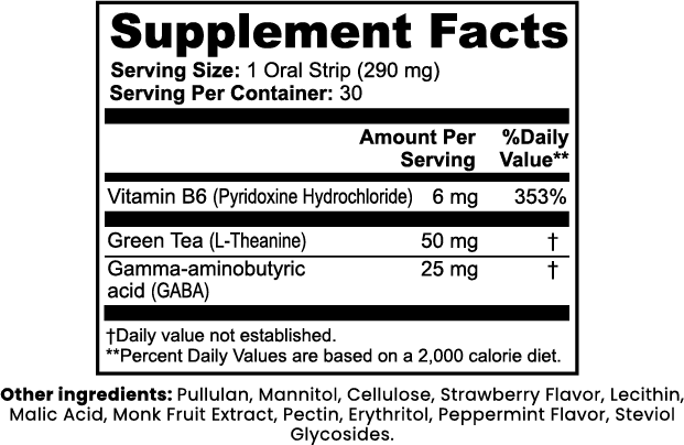 VELA Calm Strips supplement facts label showing L-Theanine 50mg, GABA 25mg, and vitamin B6 dosages