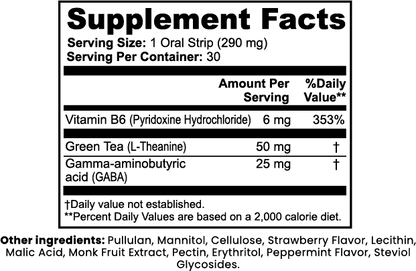 VELA Calm Strips supplement facts label showing L-Theanine 50mg, GABA 25mg, and vitamin B6 dosages