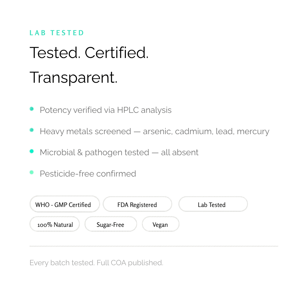 VELA quality certifications — GMP certified, third-party tested, FDA registered facility for oral dissolving strips