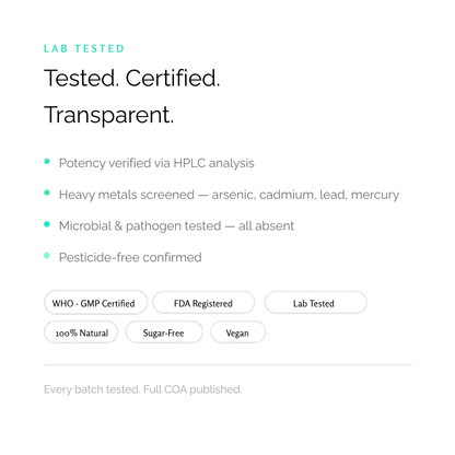 VELA quality certifications — GMP certified, third-party tested, FDA registered facility for oral dissolving strips